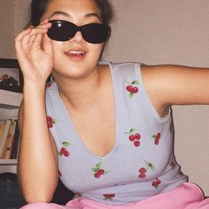 pale blue + cherry vintage v-neck top